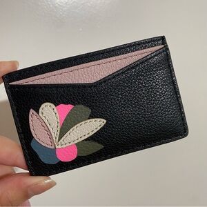 NWT! Fossil Black Pink Leather Floral Card Case Holder